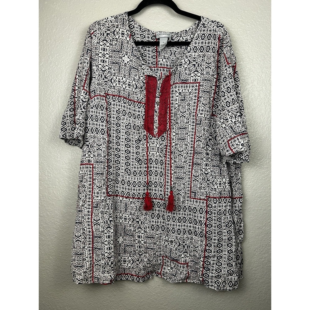 Catherine's Plus Size Short Sleeve Red Blue Cotton Tunic Boho Peasant Size 2X